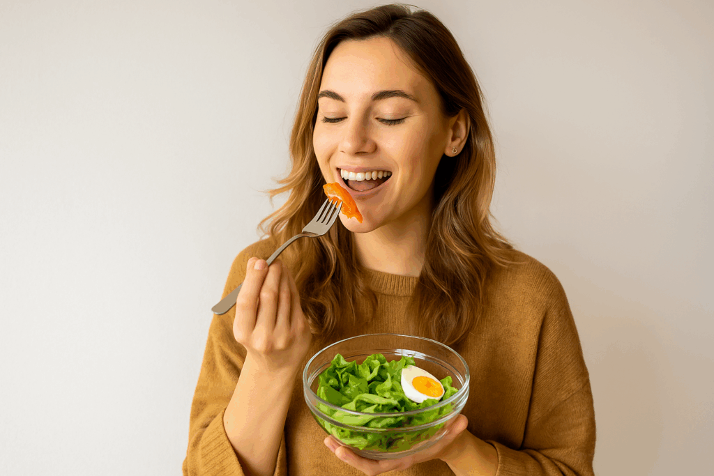 gesunde Vitamin-D-Lebensmittel Junge Frau sitzt am Tisch und genießt eine Schüssel mit grünem Salat, gekochtem Ei und frischem Lachs. Sie lächelt, während sie ein Stück Lachs mit der Gabel isst – Symbol für gesunde Vitamin-D-Lebensmittel